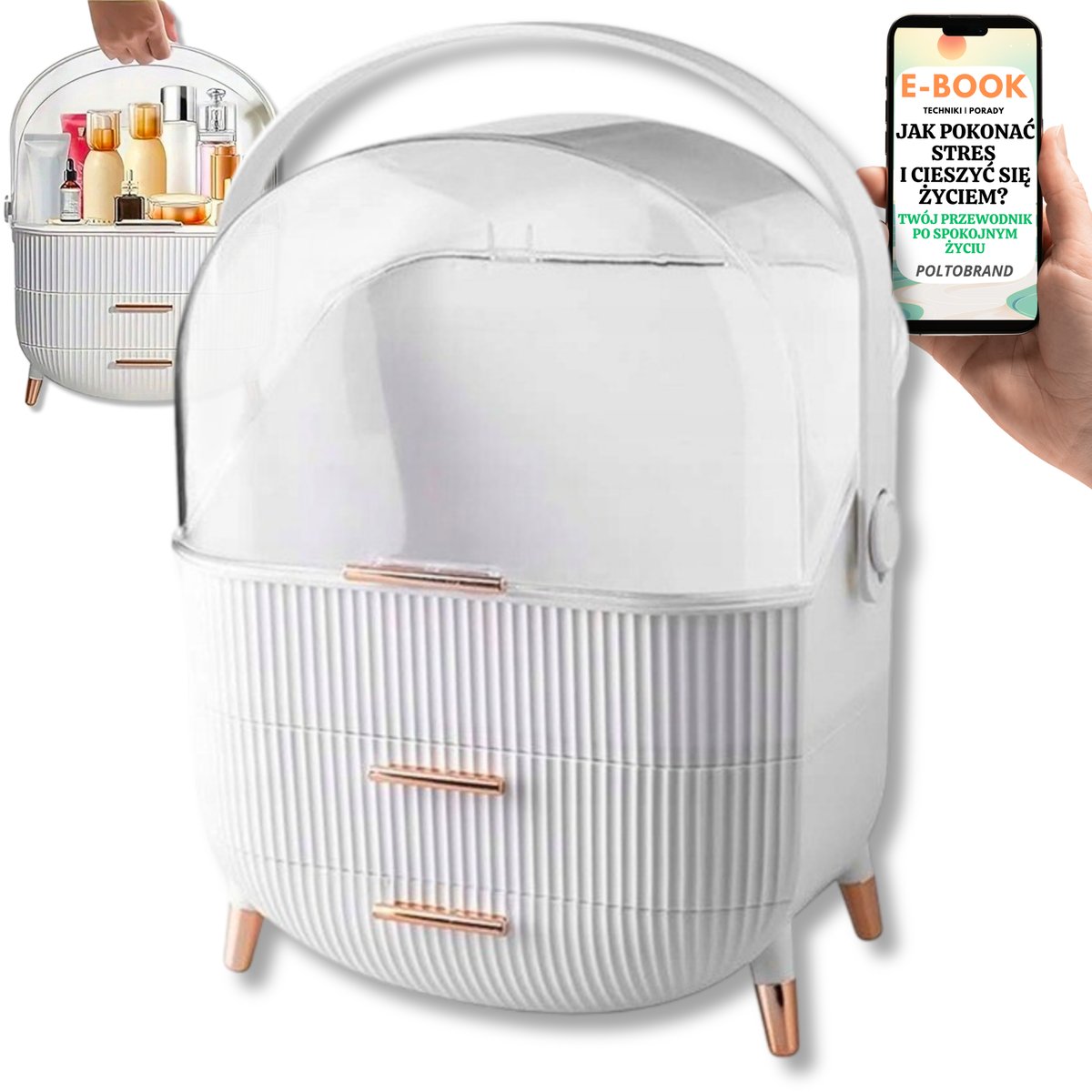 ORGANIZER NA KOSMETYKI SZKATUŁKA NA BIŻUTERIĘ KOSMETYKI WIELOPOZIOMOWA BIAŁA KOSMETYCZKA PREZENT DLA NIEJ + EBOOK-1