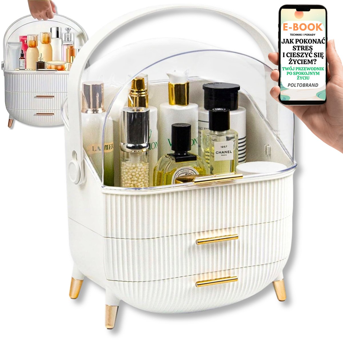 DUŻA KOSMETYCZKA BIAŁA ORGANIZER NA KOSMETYKI KUFEREK PUDEŁKO SZKATUŁKA PREZENT DLA KOBIET + EBOOK-1