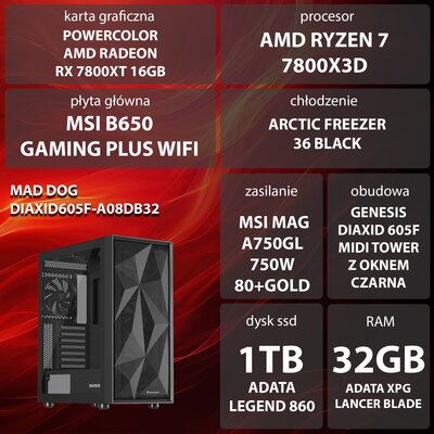 Komputer MAD DOG DIAXID605F-A08DB32 R7-7800X3D 32GB RAM 1TB SSD Radeon RX7800XT Wi-Fi