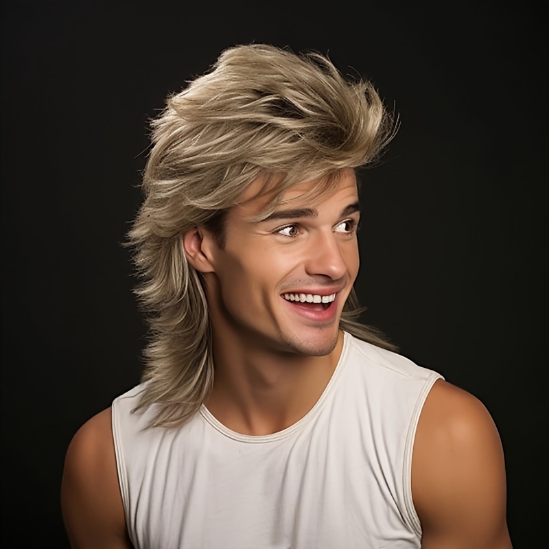 TEMU Peruka Mullet Męska HAIRJOY, Włosy Imprezowe w Stylu Lat 70. ., Proste Włosy, Gęstość 130%, Czapka Różana, Włókno Wysokotemperaturowe, Styl Pop