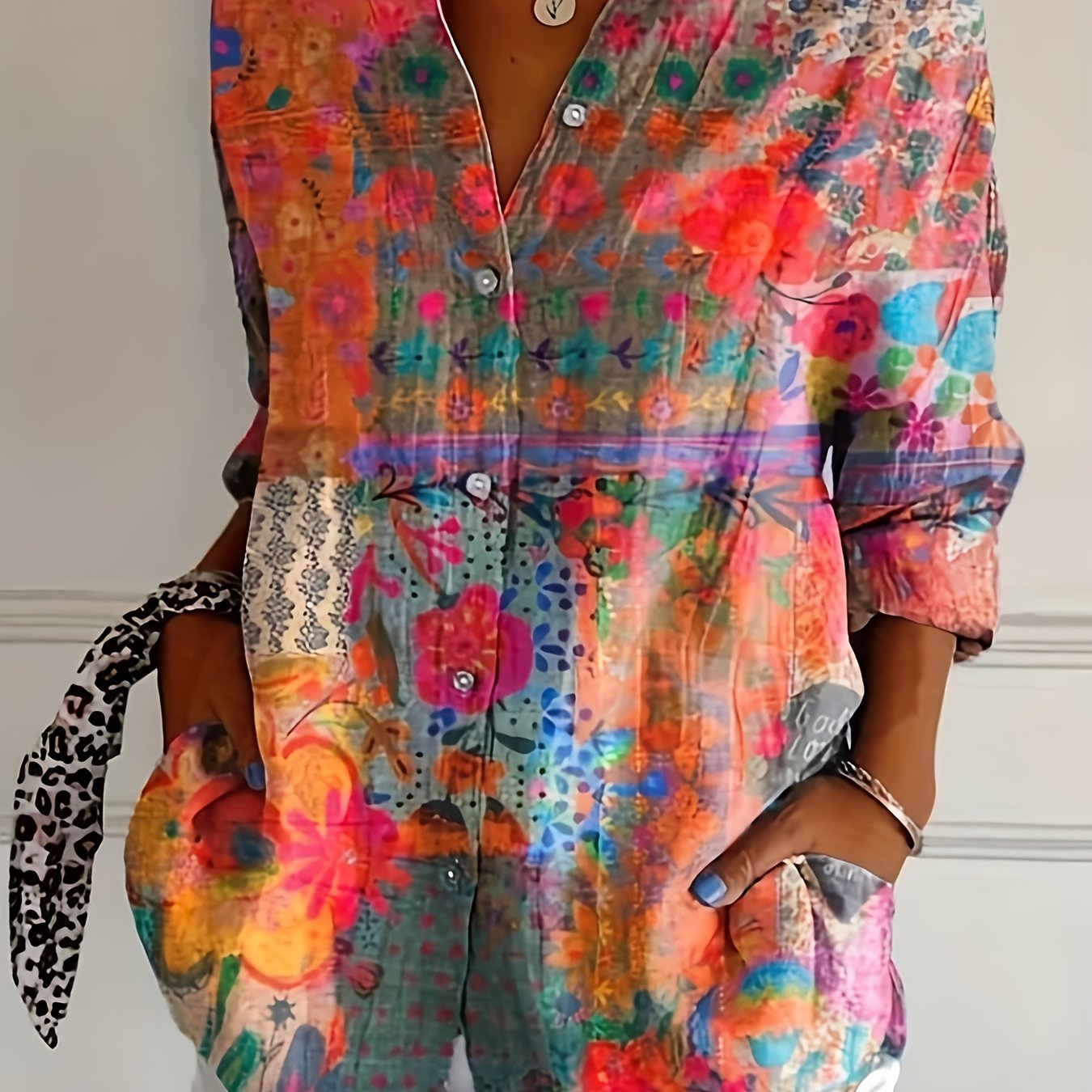 TEMU Damska koszula z długim rękawem, kwiatowym nadrukiem, zapinana na guziki, o regularnym, luźnym kroju