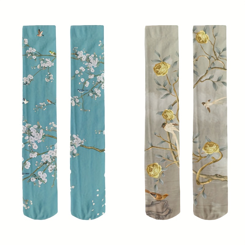 TEMU 1 Para Eleganckich Skarpetek Damskich w Stylu Chińskim – Wzór Góry, Kwiaty Wiśni i Ptaki, Miękkie i Elastyczne, Pranie Maszynowe, Do Codziennego