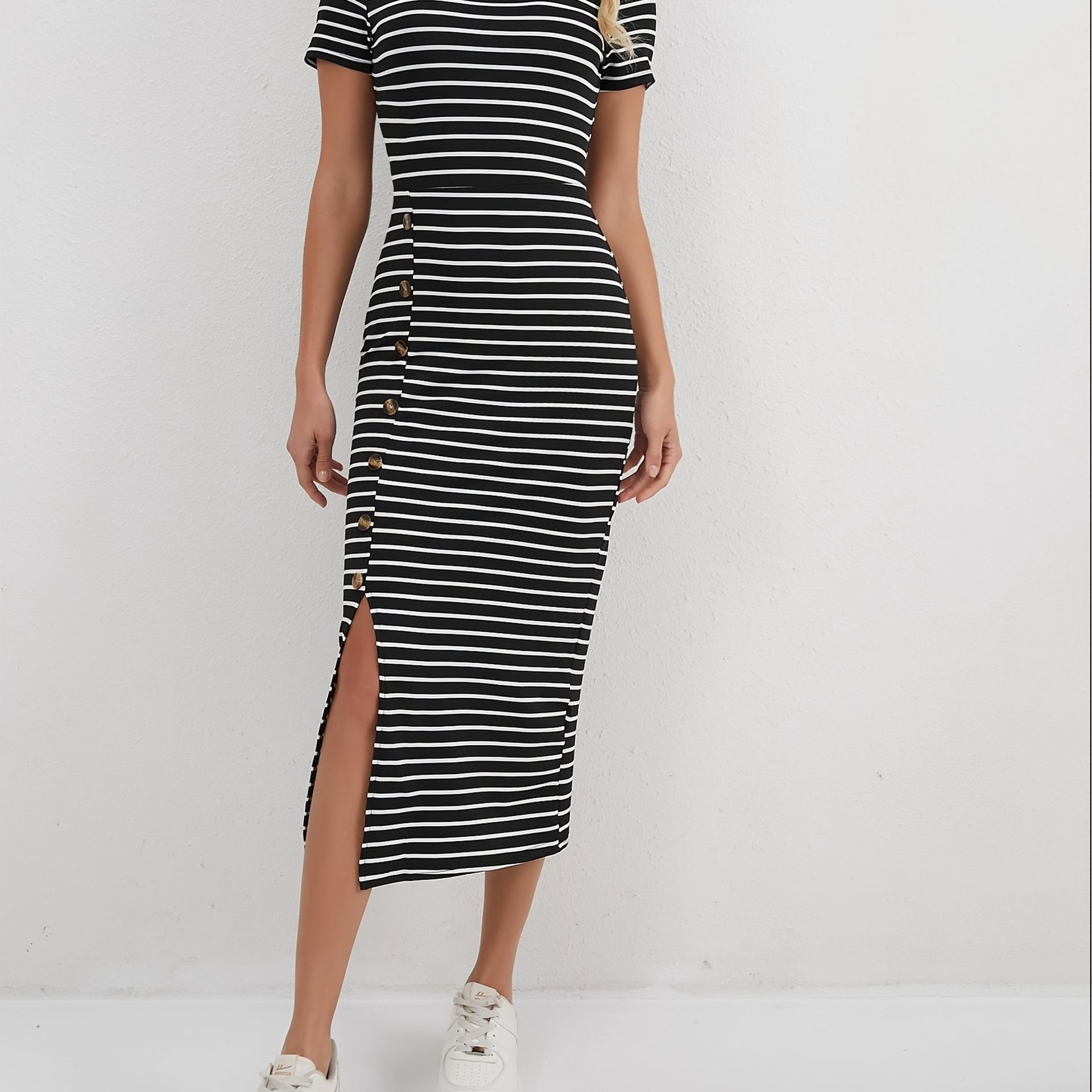 TEMU Sukienka z guzikami z przodu w paski, swobodna sukienka bodycon z krótkim rękawem i okrągłym dekoltem na wiosnę i , odzież damska