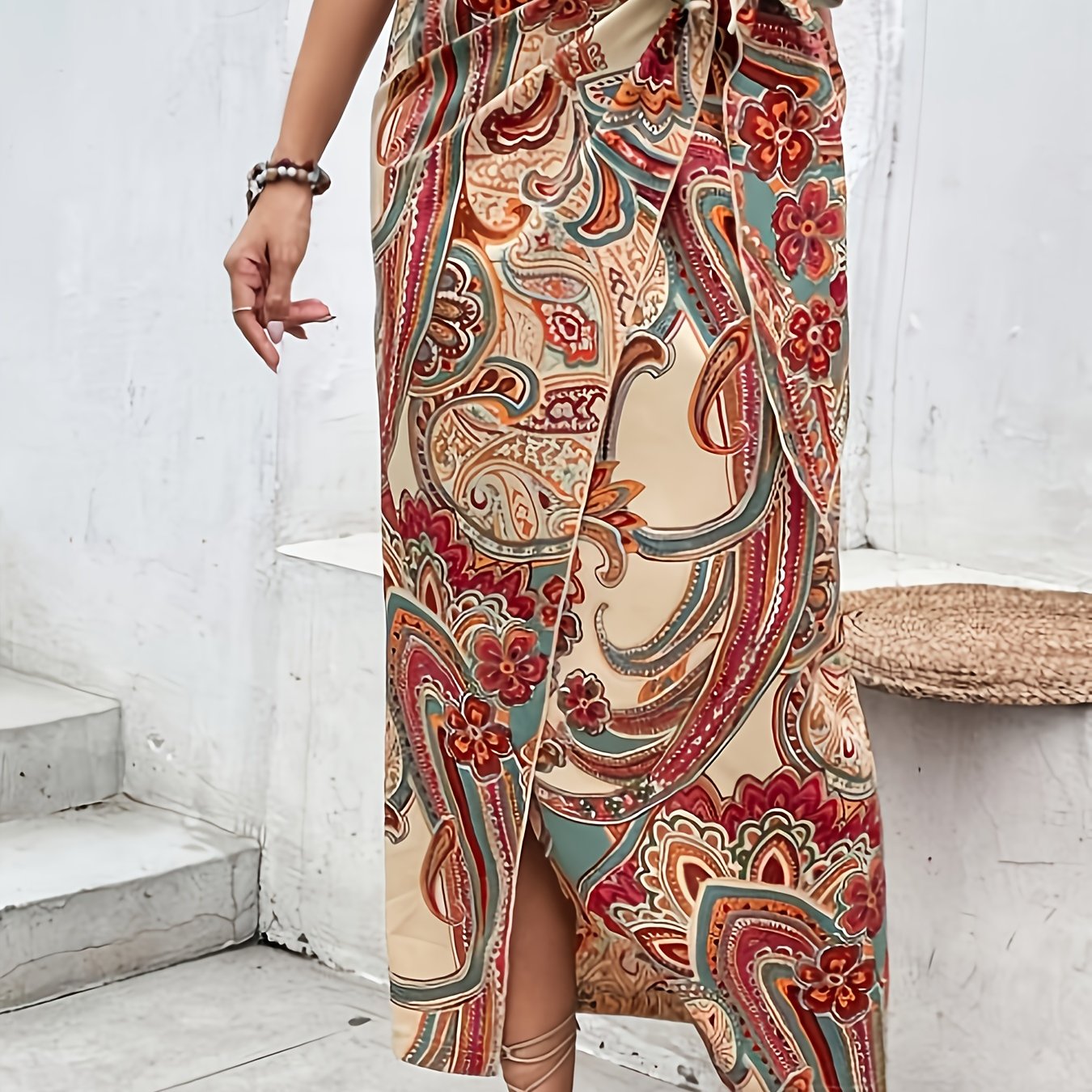 TEMU Wysokotalowana Spódnica w Pełnej Długości z Nadrukiem