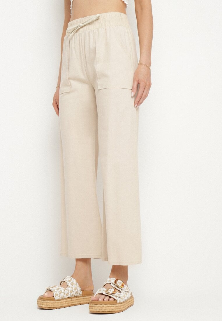 Beżowe Spodnie z Bawełny Ozdobione Wiązaniem Davione
