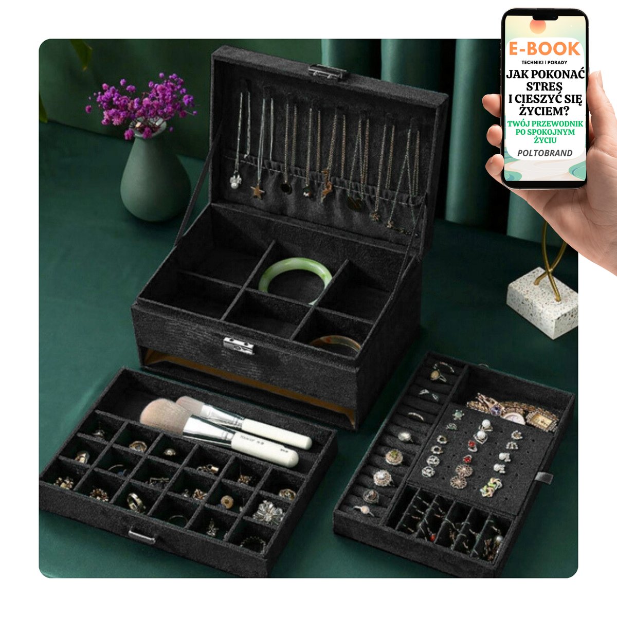 SZKATUŁKA NA BIŻUTERIĘ KUFEREK ORGANIZER CZARNY DLA NIEJ PREZENT DLA KOBIET + EBOOK-1