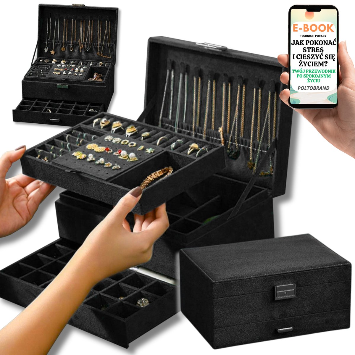 SZKATUŁKA NA BIŻUTERIE Z SZUFLADKAMI CZARNA ORGANIZER KUFEREK PREZENT DLA NIEJ + EBOOK-1