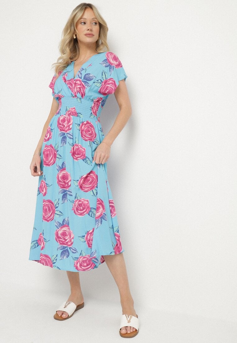 Niebieska Kopertowa Sukienka z Bawełną w Kwiaty Tdivana