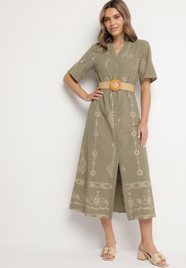 Ciemnozielona Bawełniana Sukienka Koszulowa z Ozdobnym Paskiem i Haftem Evialisse