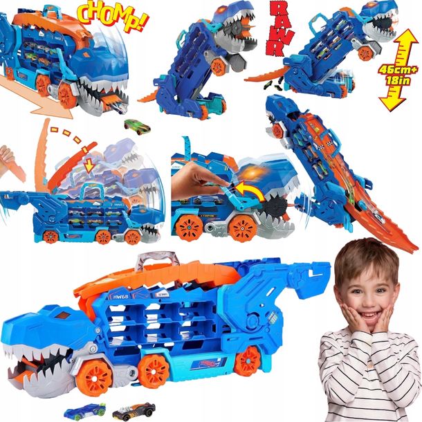Mega Zestaw Hot Wheels T-Rex Transporter Dinozaur 2w1 Tor Wyścigowy 2 Auta
