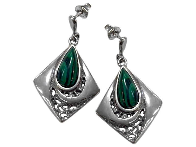 Srebrne kolczyki 925 wiszące romby z zielonym malachitem na sztyfcie