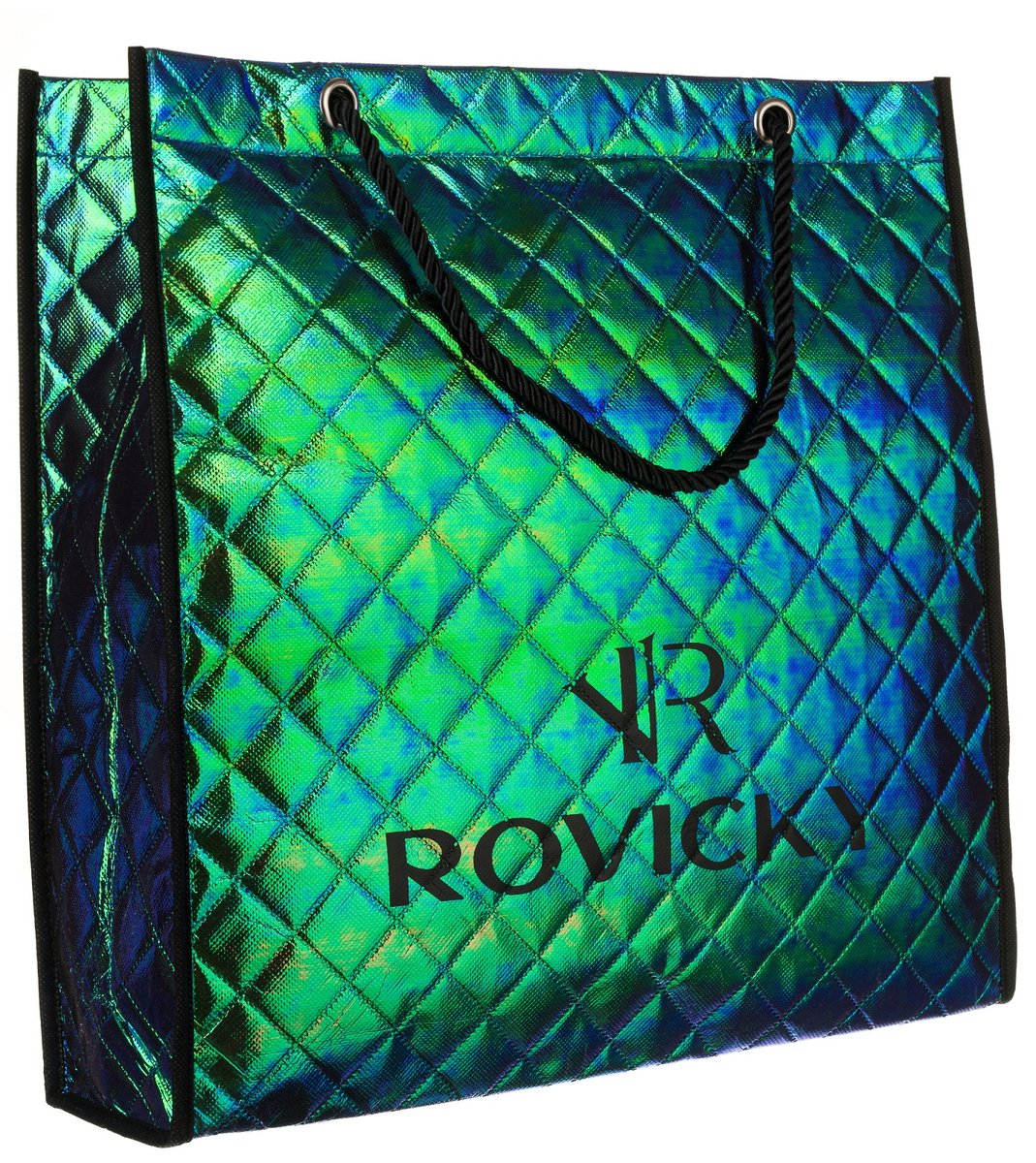 ROVICKY Torba na zakupy duża pojemna pikowana na suwak holograficzna wielokolorowa do ręki lub na ramię