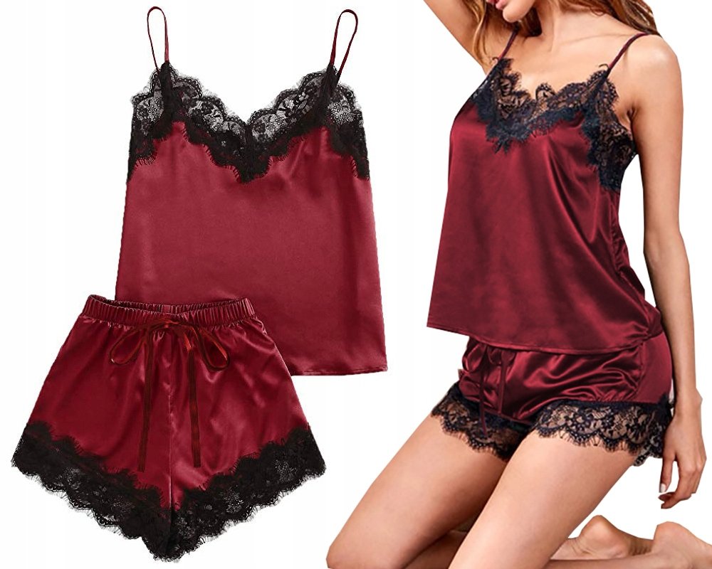SATYNOWY KOMPLET KOSZULKA NOCNA SEXY BIELIZNA DAMSKA PIŻAMA KORONKA MAJTKI