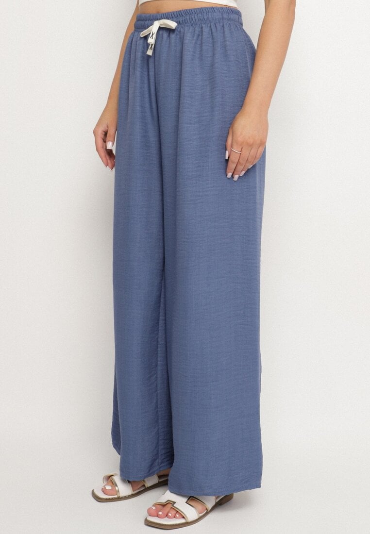 Granatowe Szerokie Spodnie z Bawełny Ozdobione Wiązaniem Evipolli