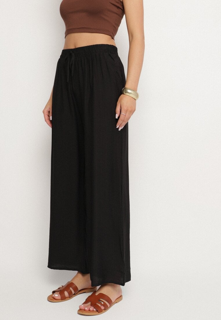 Czarne Wiskozowe Szerokie Spodnie z Wysokim Stanem Divola