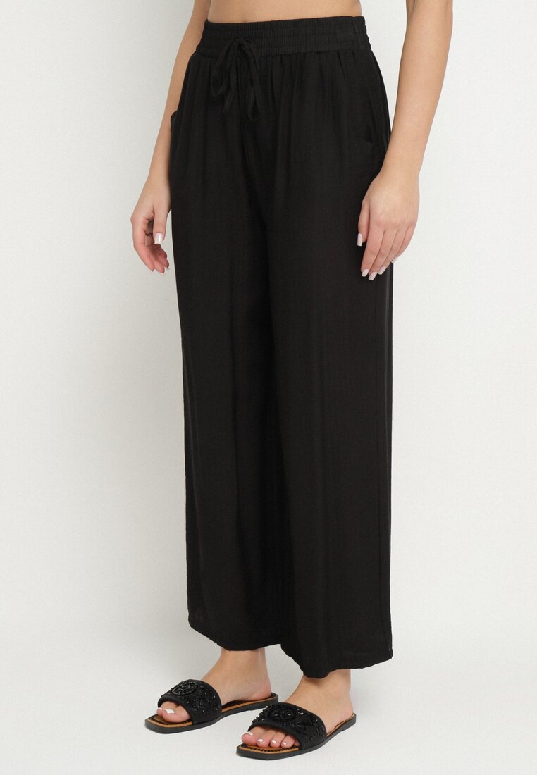 Czarne Szerokie Spodnie Palazzo z Wysokim Stanem i Wiązaniem Myrlevia