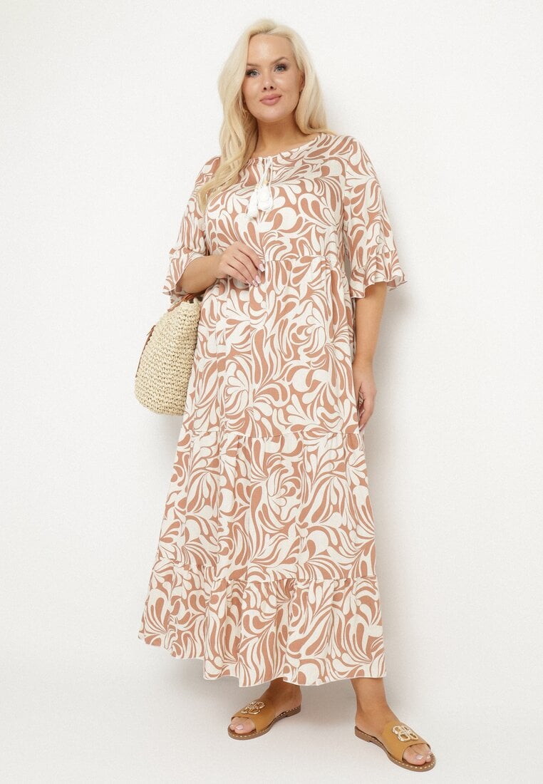 Ciemnobeżowa Sukienka z Wiskozy o Prostym Kroju z Wiązaniem w Roślinny Wzór Edirania