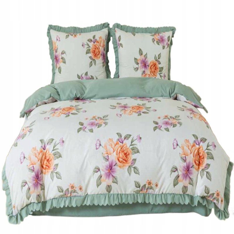 Pościel z falbanką 160x200 mikrofibra Cotton World 3 el zielona w kwiaty