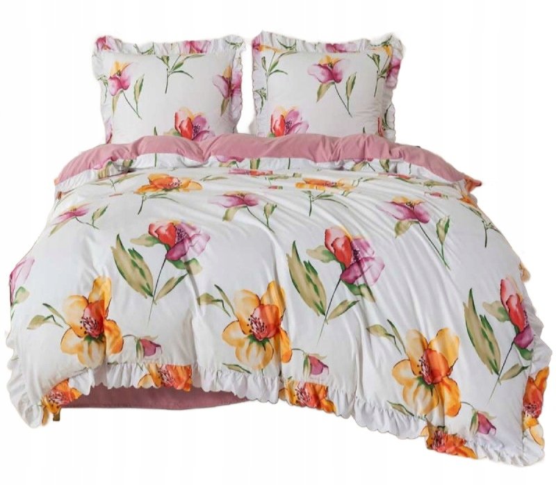 Pościel z falbanką 160x200 mikrofibra Cotton World 3 el różowa w kwiaty