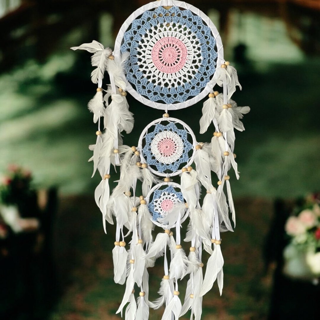 Łapacz snów potrójny szydełkowy boho dekoracja amulet idealny prezent 22cm