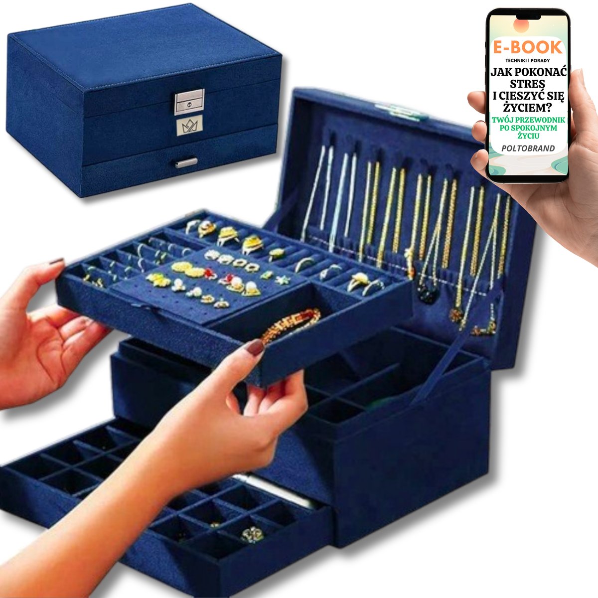 SZKATUŁKA NA BIŻUTERIE Z SZUFLADKAMI NIEBIESKA KUFEREK ORGANIZER TRZY POZIOMY PREZENT DLA KOBIET + EBOOK-1
