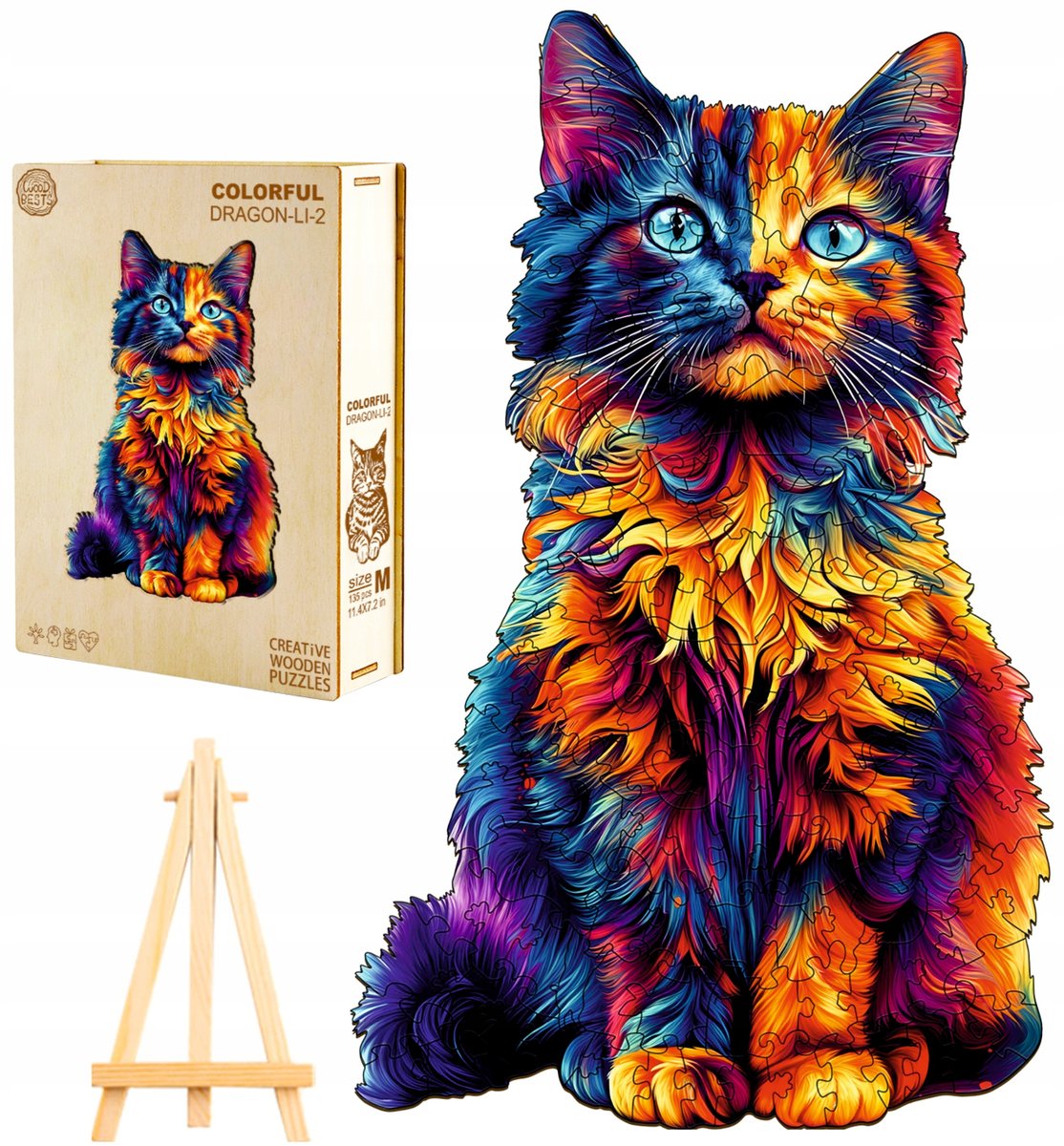 PUZZLE DREWNIANE DUŻE 195 ELEMENTÓW W DREWNIANYM PUDEŁKU KOLOROWY KOT