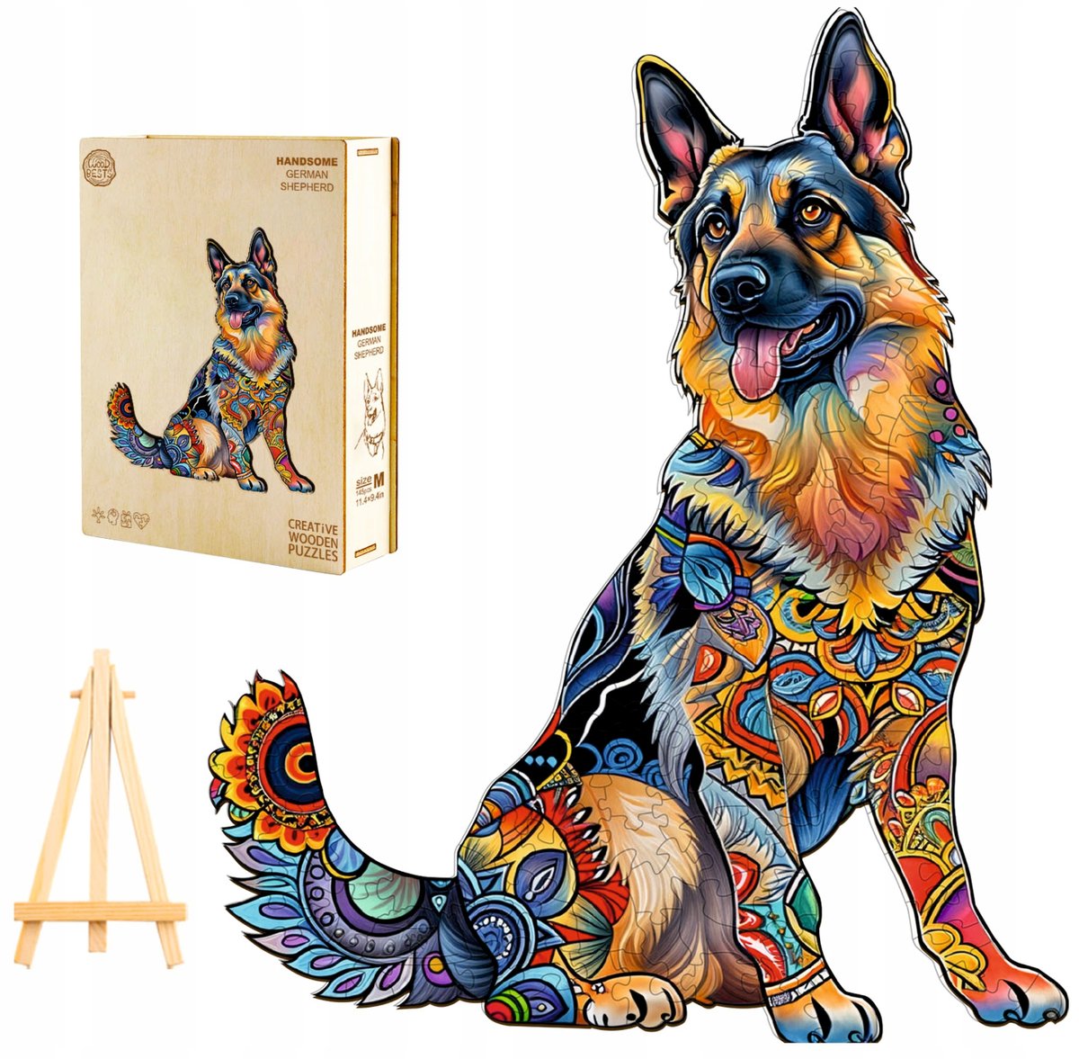 PUZZLE DREWNIANE DUŻE 225 ELEMENTÓW W DREWNIANYM PUDEŁKU OWCZAREK NIEMIECKI