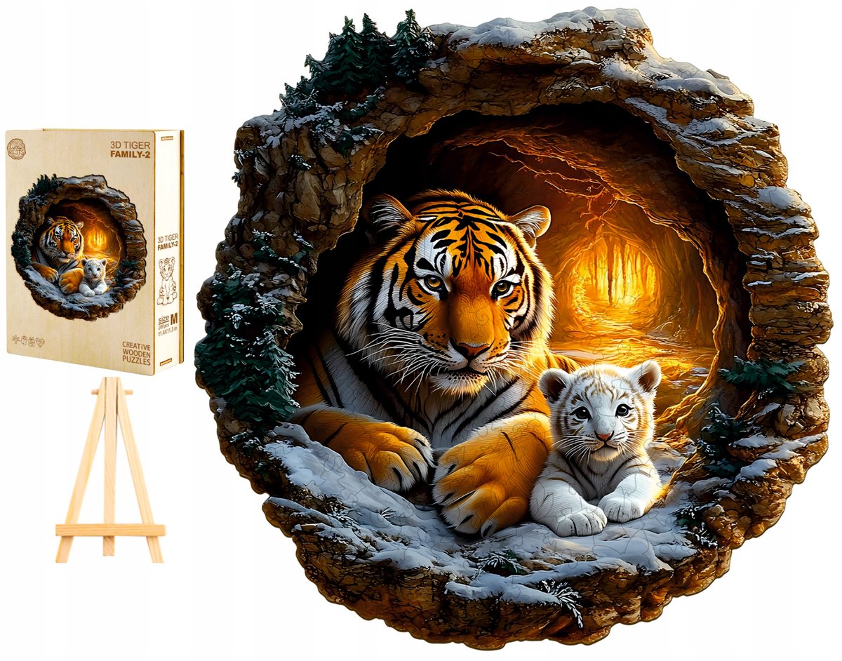 PUZZLE DREWNIANE DUŻE 290 ELEMENTÓW W DREWNIANYM PUDEŁKU RODZINA TYGRYSÓW