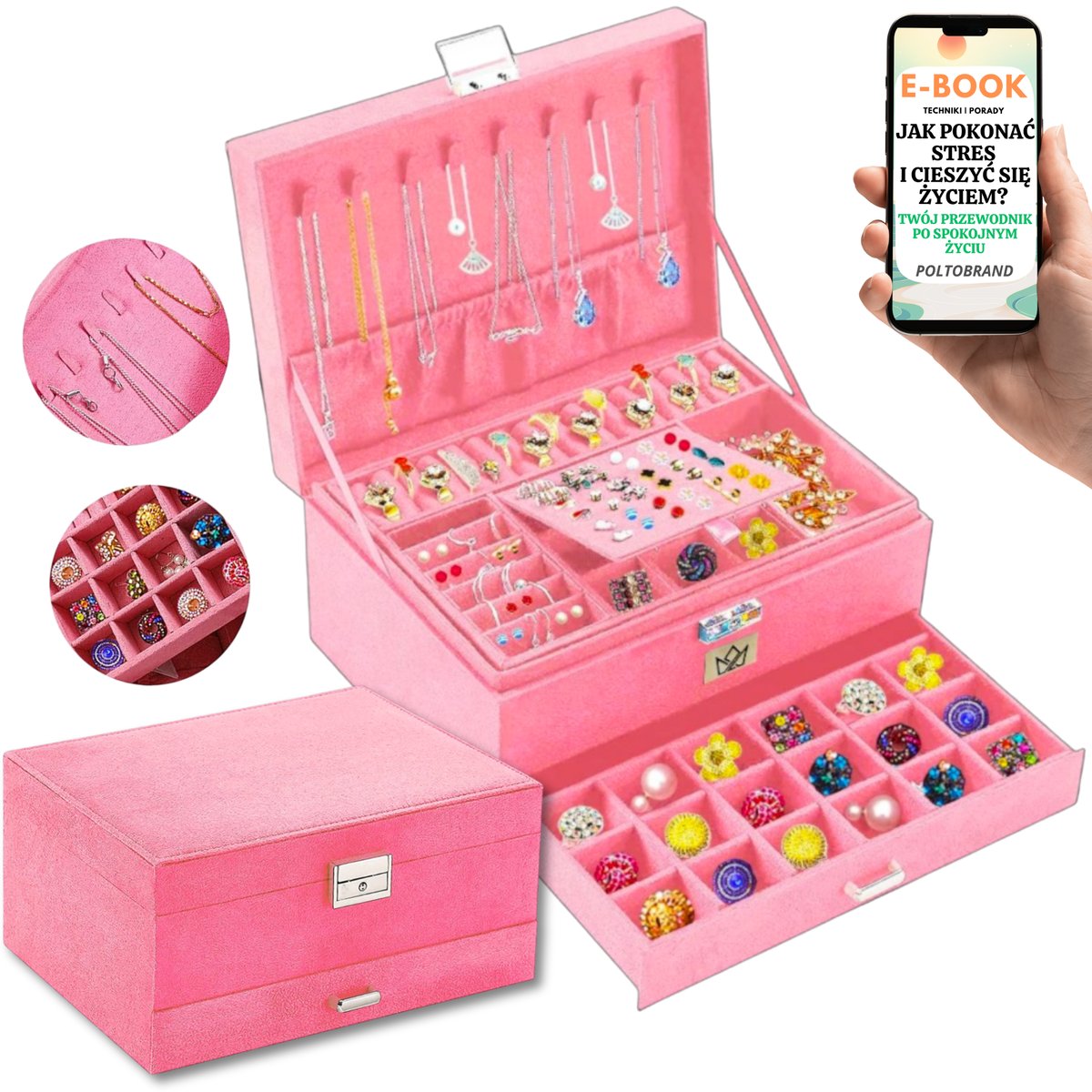 SZKATUŁKA NA BIŻUTERIE Z SZUFLADKAMI RÓŻOWA KUFEREK ORGANIZER TRZY POZIOMY PREZENT DLA KOBIET + EBOOK-1