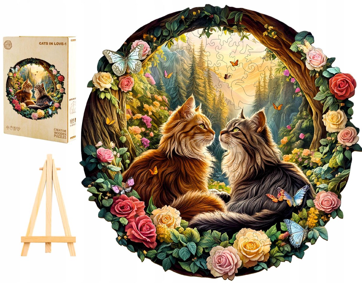 PUZZLE DREWNIANE DUŻE 270 ELEMENTÓW W DREWNIANYM PUDEŁKU ZAKOCHANE KOTKI