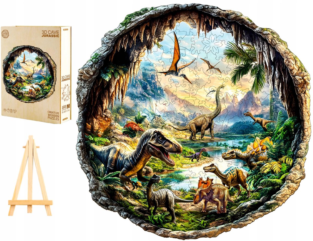 PUZZLE DREWNIANE DUŻE 300 ELEMENTÓW W DREWNIANYM PUDEŁKU DINOZAURY 3D