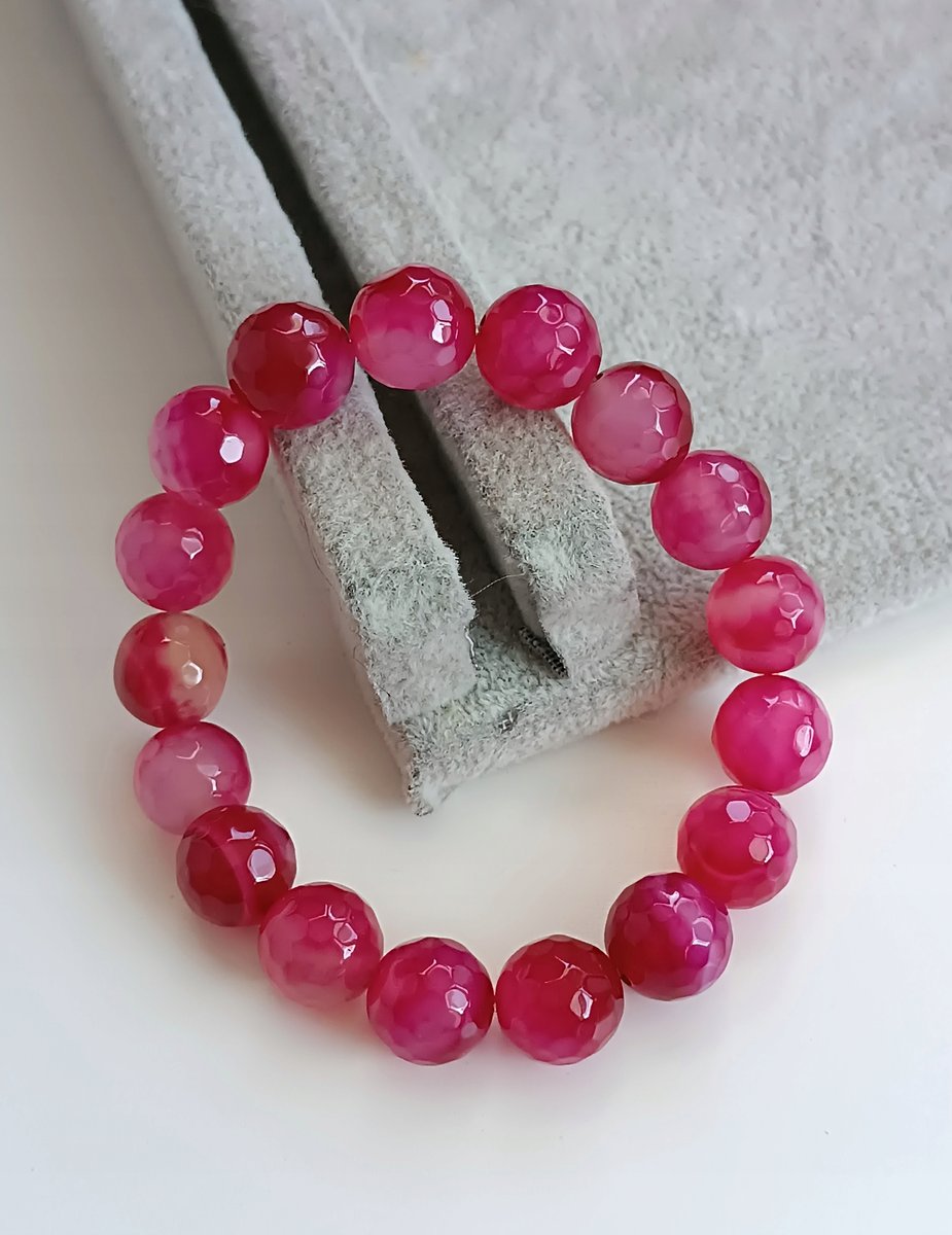 FASETOWANA BRANSOLETKA NA GUMCE RÓŻOWY NATURALNY AGAT SZLIFOWANA 12mm