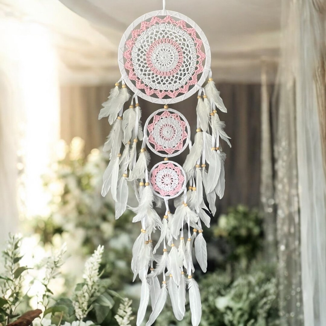 Łapacz snów potrójny szydełkowy boho dekoracja amulet idealny prezent 22cm