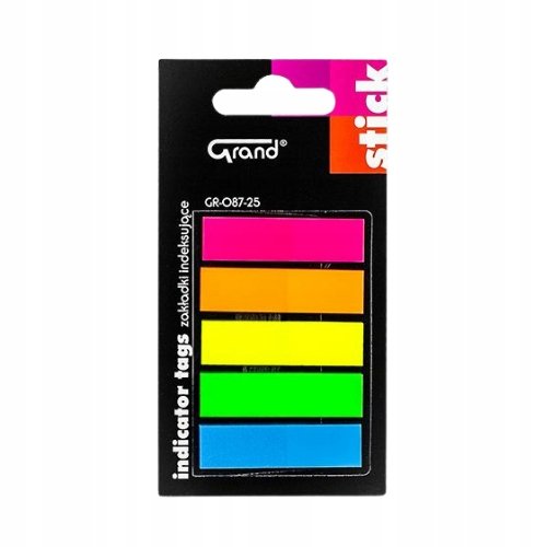 ZAKŁADKI INDEKSUJĄCE GRAND NEONOWE 45x12 mm 5 kolorów x 25 szt wielorazowe