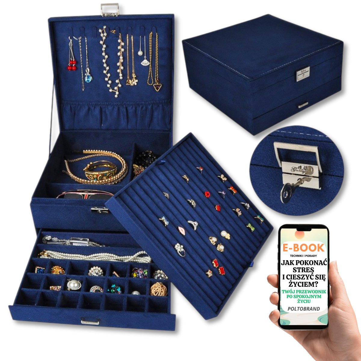 ORGANIZER SZKATUŁKA NA BIŻUTERIE KUFEREK GRANATOWY DLA NIEJ PREZENT DLA KOBIET + EBOOK-1