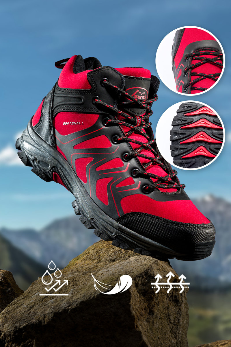 Czerwone buty trekkingowe damskie z czarnymi dodatkami sznurowane softshell casu b2115-4-38