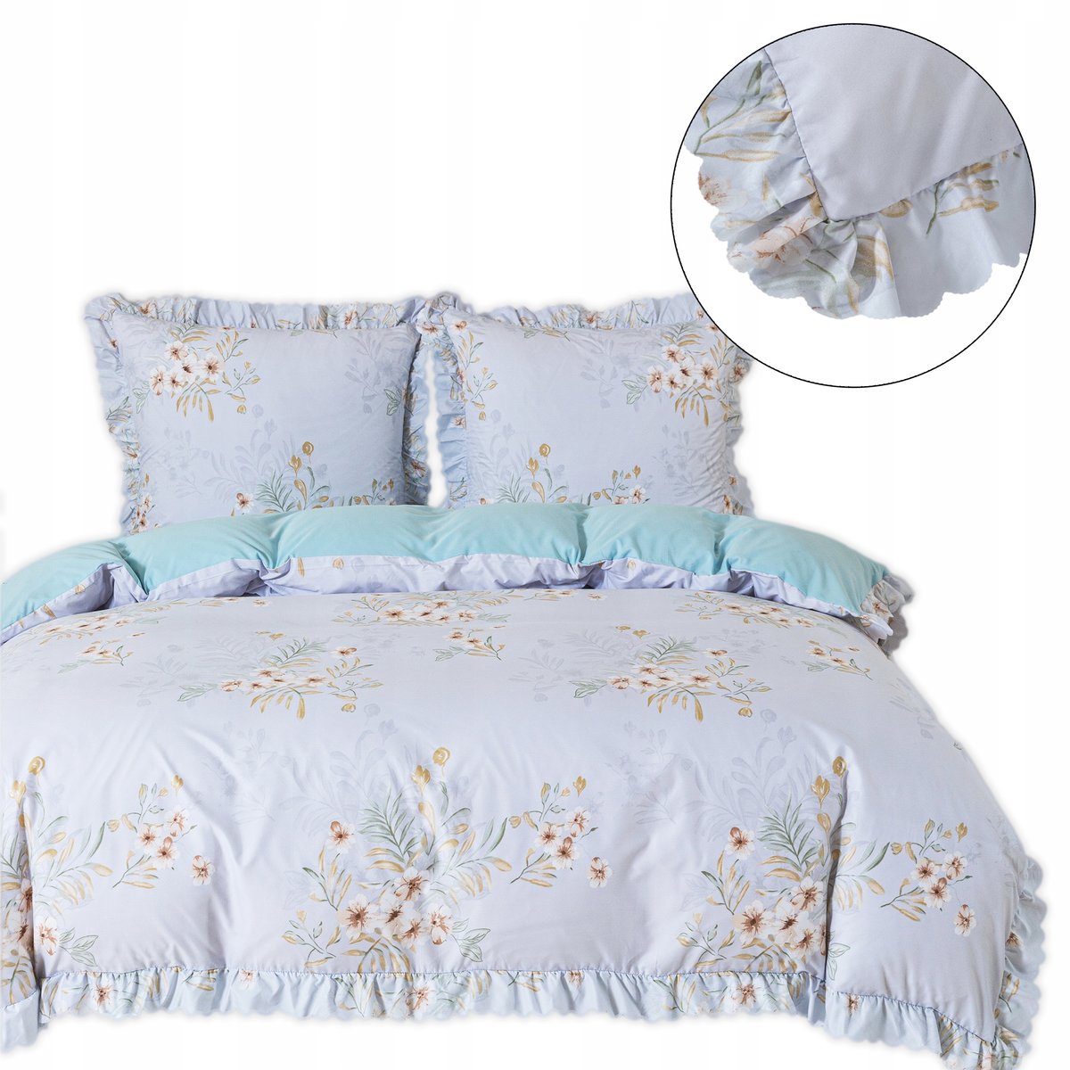 Pościel z falbanką 220x200 mikrofibra Cotton World 3 części w kwiaty