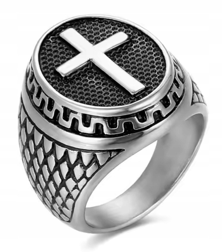 top Srebrny Antyczny Pierścień Męski Sygnet Vintage Punk Krzyż Krzyżyk STAL