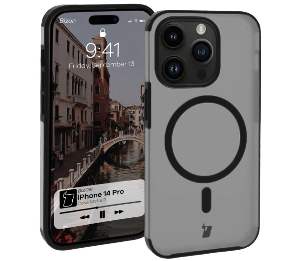 Bizon Etui z pierścieniem magnetycznym Case MatteO do iPhone 14 Pro, półprzezroczyste z czarną ramką