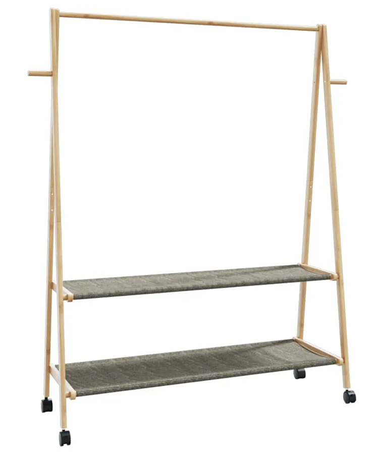 Wieszak bambusowy na kółkach z 2 półkami 132cm D6-Z58