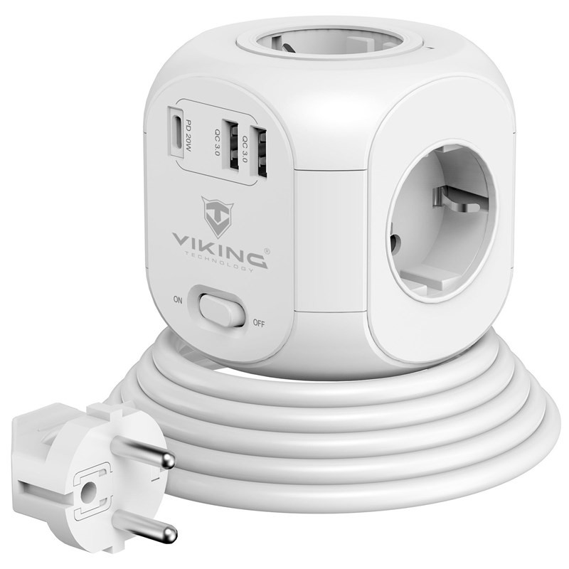 Przedłużacz Viking AC CUBE PD, 4x zásuvka, 2x USB QC, 1x USB-C PD, 1,8m
