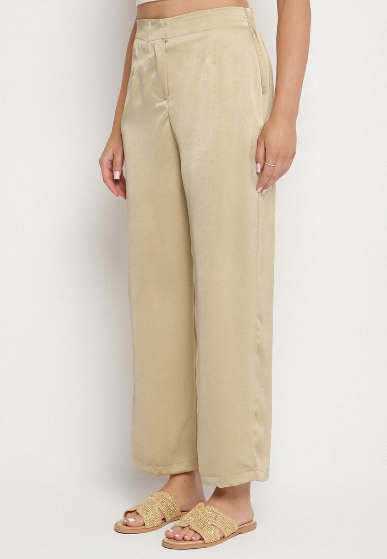 Ciemnobeżowe Eleganckie Spodnie o Prostym Kroju z Wysokim Stanem Jenanora