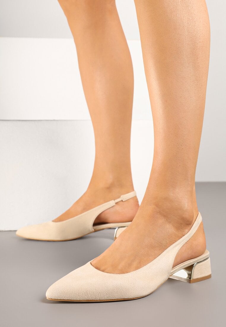 Beżowe Sandały Bez Pięty ze Skórzaną Wkładką i Metaliczną Aplikacją Weolira