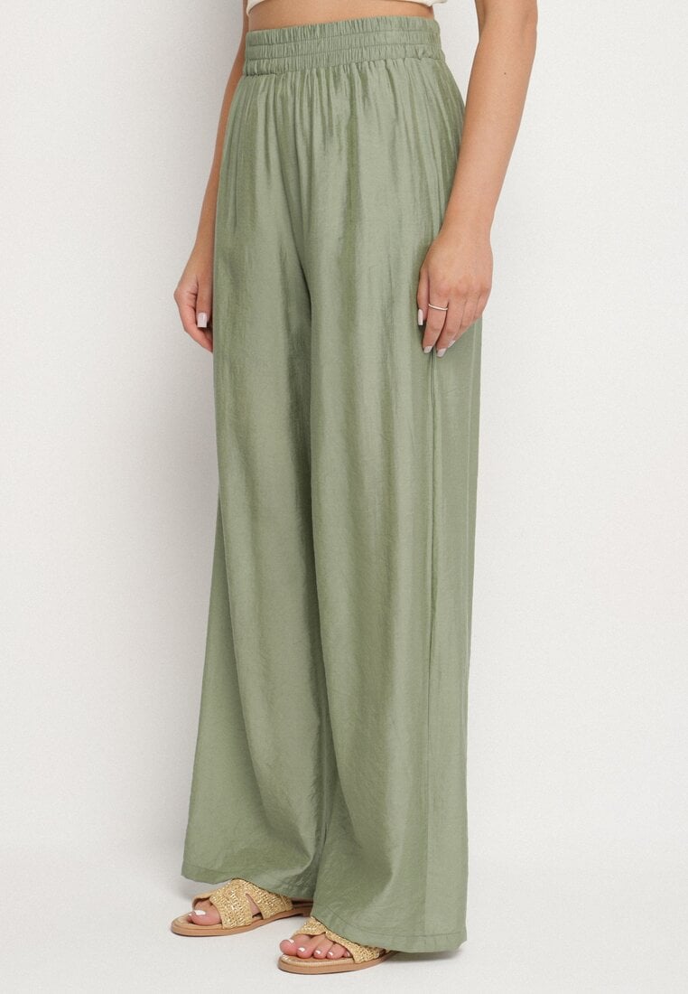Zielone Spodnie Palazzo o Szerokim Kroju z Gumką w Pasie i Wysokim Stanem Jenanetia