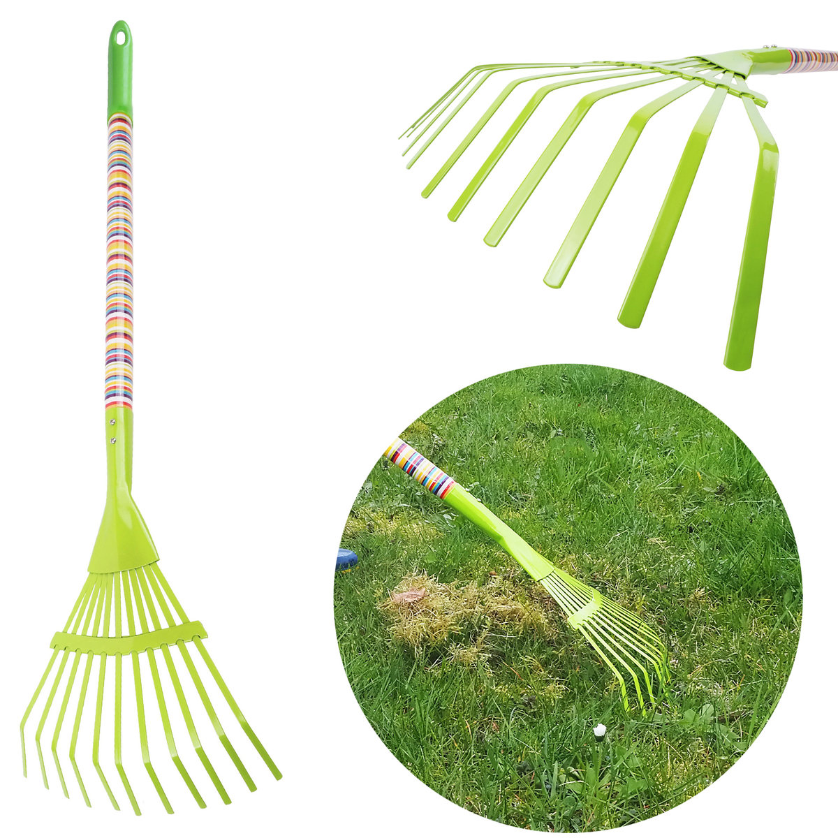 Grabie wachlarzowe -narzędzie ogrodowe dla dzieci - metalowy tęczowy uchwyt 74cm
