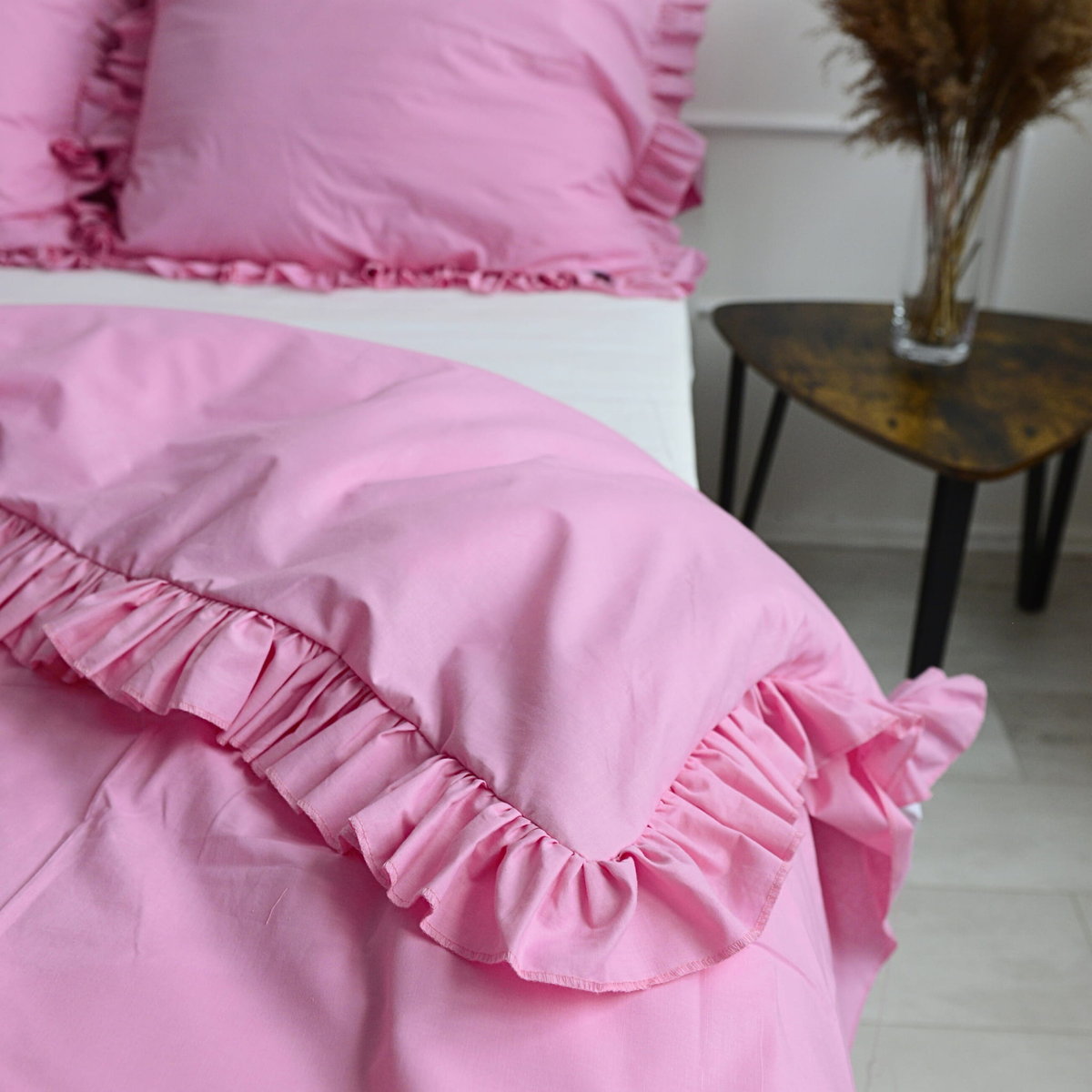 Pościel bawełniana z falbanką - różowa [Rozmiar: 140/200 i 70/80]