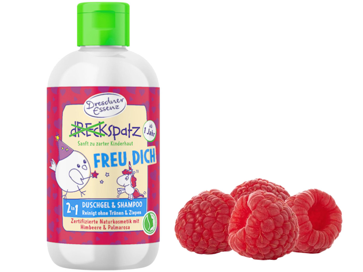 ŻEL pod PRYSZNIC 2w1 SZAMPON dla Dzieci VEGAN 250 ml MALINA Dresdner Essenz