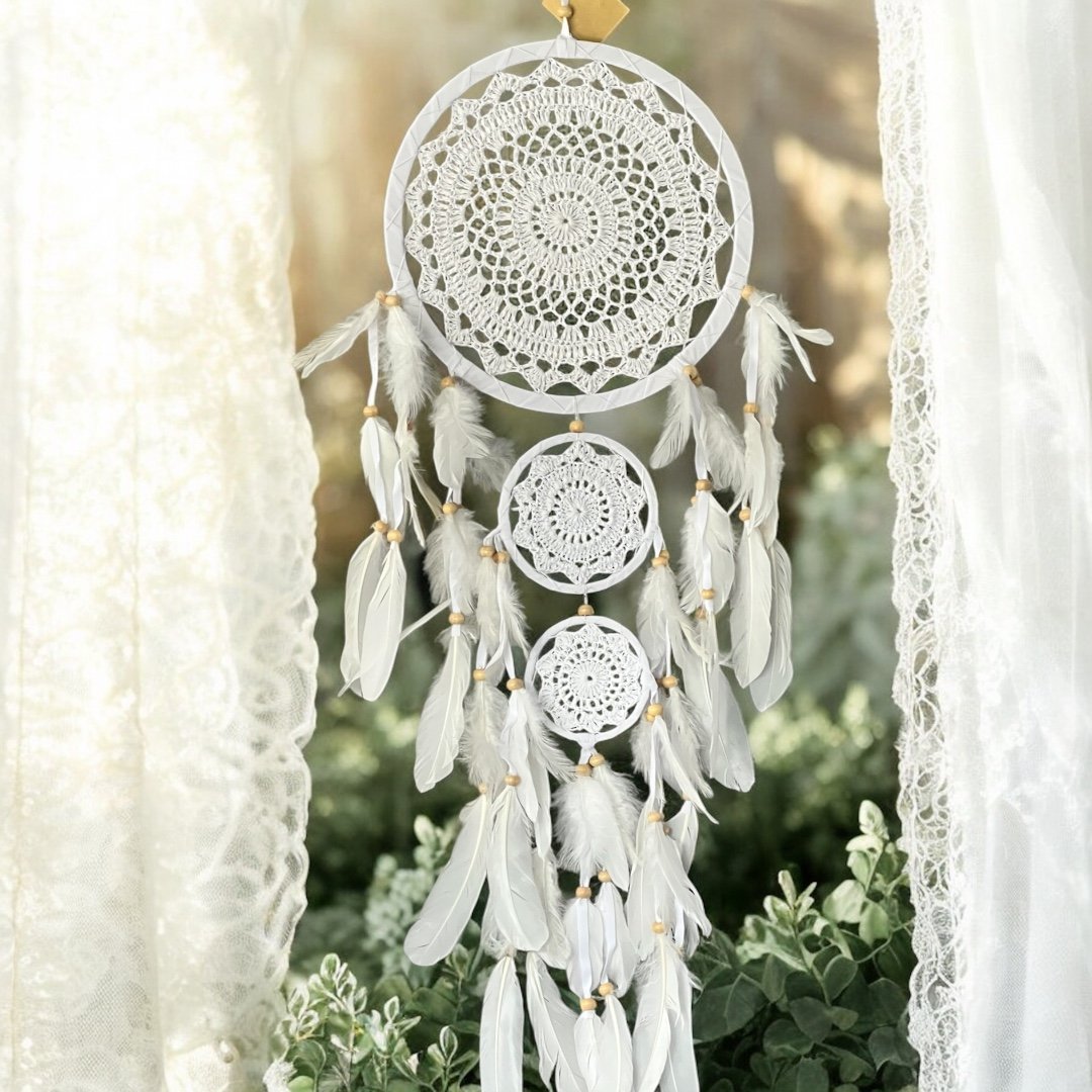 Łapacz snów potrójny szydełkowy boho dekoracja amulet idealny prezent 27cm