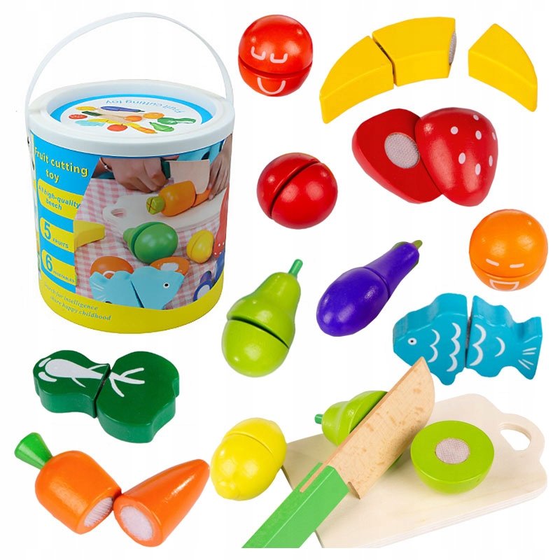 Klocki Drewniane Na Rzepy Owoce Warzywa Do Krojenia Duży Zestaw Montessori