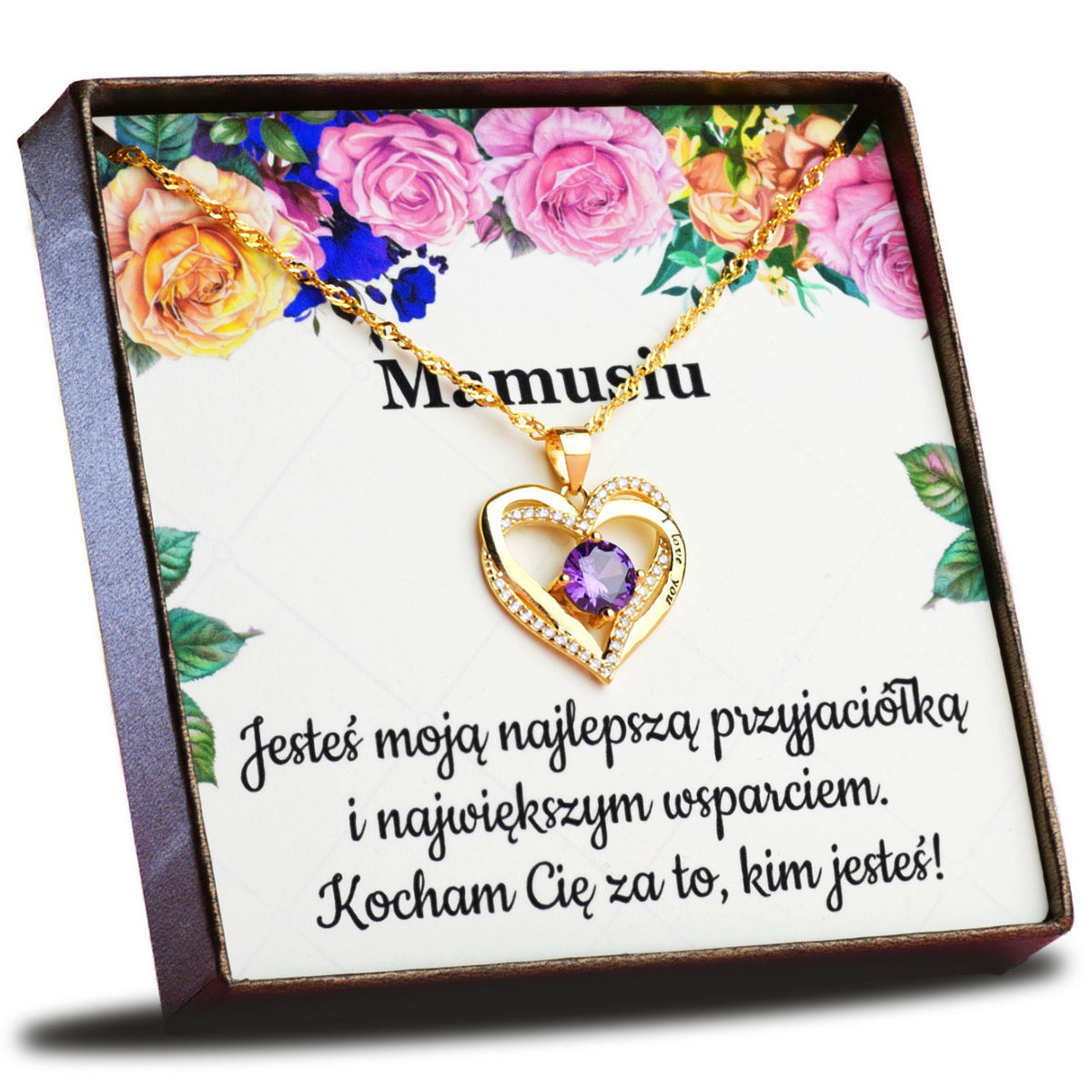 Prezent dla Mamy - Srebrny naszyjnik serce z fioletowym kamieniem